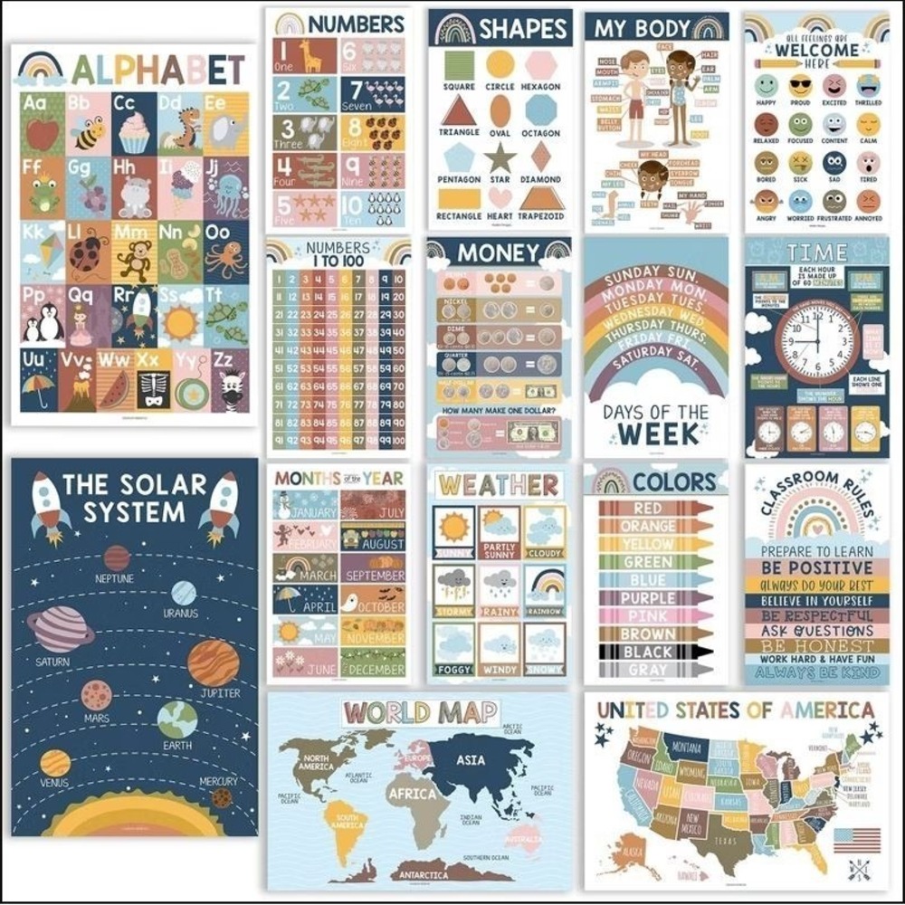 Hadley Designs Boho Preschool Educational Laminated Posters Set of 16